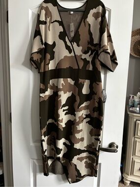 New York & Company Green and Brown Camouflage V-Neck Midi Dress